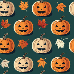 A Set Of Pumpkins With A Leaf On The Top Halloween Day Seamless Pattern