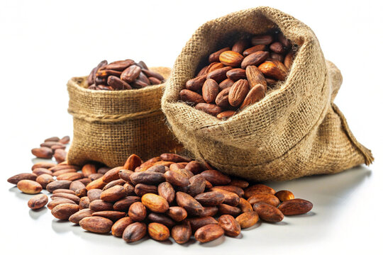 Cocoa beans harvest in jute sack back, isolated on white background