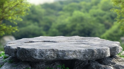 Stone podium on rock platform 3d illustration, grey rock pedestal for a product display stand, green forest and blurred on the background, natural scenery landscape.