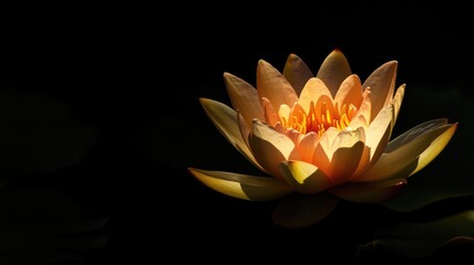 Yellow water lily in full bloom on dark background