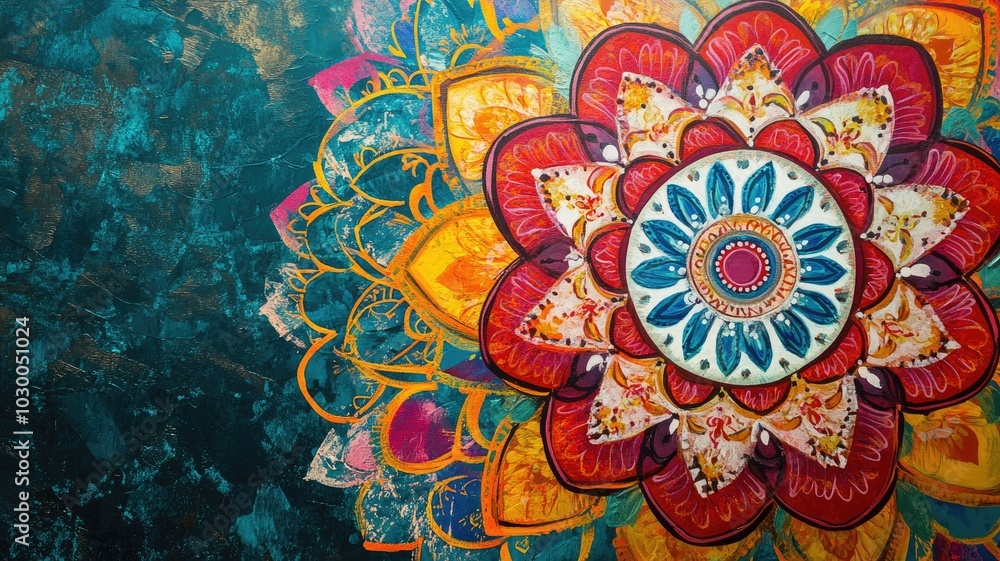 Poster multi-colored mandala artwork with intricate patterns on textured background
