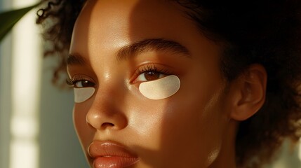 A model gently applying undereye patches, emphasizing smooth and hydrated skin