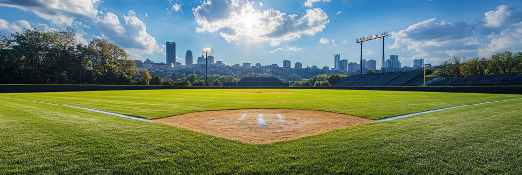 A photo of Pinoe's field in Mac Rainn Park, with the background showing downtown Grove City Pittsburgh. Baseball Field Panorama - Powered by Adobe