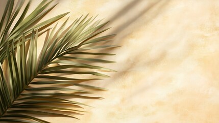 Obraz premium A golden sunset filters through a palm frond, creating soft, tranquil shadows. This serene, abstract scene captures the essence of tropical foliage in a peaceful, vibrant setting with space for text