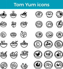 Tom Yum icons line Thai soup spicy shrimp vector traditional cuisine hot sour food illustration set