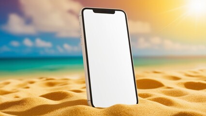 Smartphone Blank Screen, Mobile Display Template, Smartphone on Sand