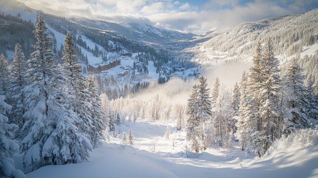 A breathtaking winter scene unfolds with snow-covered pine trees bathed in the warm glow of a sunny morning.  The frosty air hangs in the mountain valley, creating a stunning natural backdrop.
