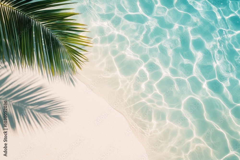 Canvas Prints deserted beach coastline adorned with palm shade and sparkling water reflections from the sky, unocc