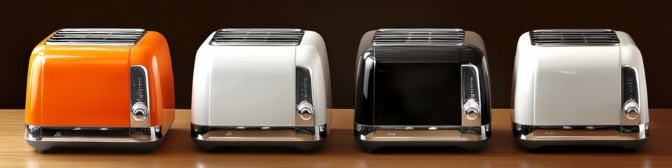 Four Sleek Toaster Designs in Orange, White, and Black, Arranged in a Row with Modern Silver Accents