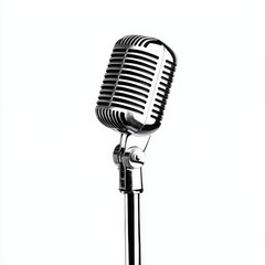 Fototapeta premium Vintage microphone on a stand, white isolated background.