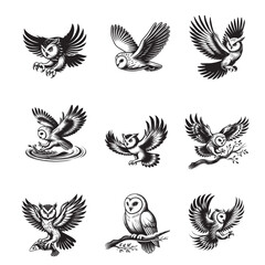 Collection of Owl Clipart Design - Owl Bird Vector illustration in black and white