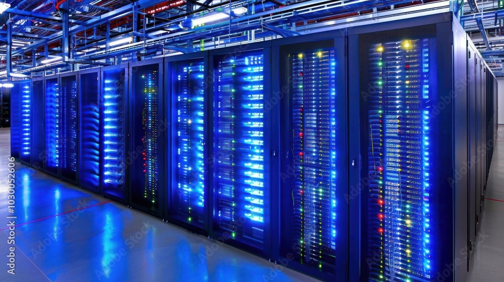 Poster Row of Illuminated Server Racks in a Data Center