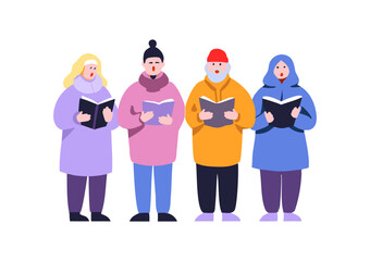 A group of diverse individuals warmly dressed in winter attire sings joyfully, embodying the holiday spirit during a festive winter choir gathering.