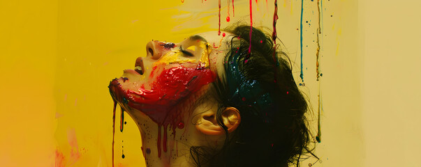 A model tilts her head back, allowing brightly colored paint to cascade down her face, creating a striking visual explosion of emotions in a creative environment. Generative AI