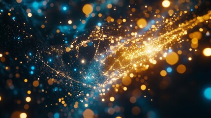 Obraz premium Glowing particles spark creativity in a vibrant cosmos. Bright dots dance through space, blending colors and light into a stunning visual experience.
