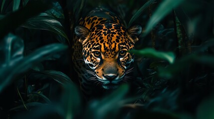 Jaguar Stalking Through Dense Jungle Foliage