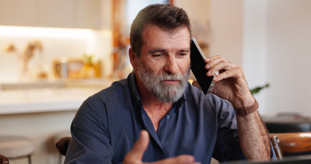 Home, phone call and mature man talking to contact for communication, advice or insurance offer....