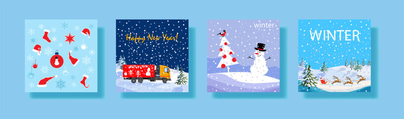 A set of four festive winter posters featuring snowy landscapes, holiday decorations, a cheerful snowman, a truck, and reindeer, perfect for seasonal celebrations.