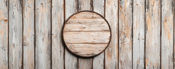 Fototapeta premium Weathered wooden wall with a circular signboard mockup in an urban setting, perfect for showcasing your brand.