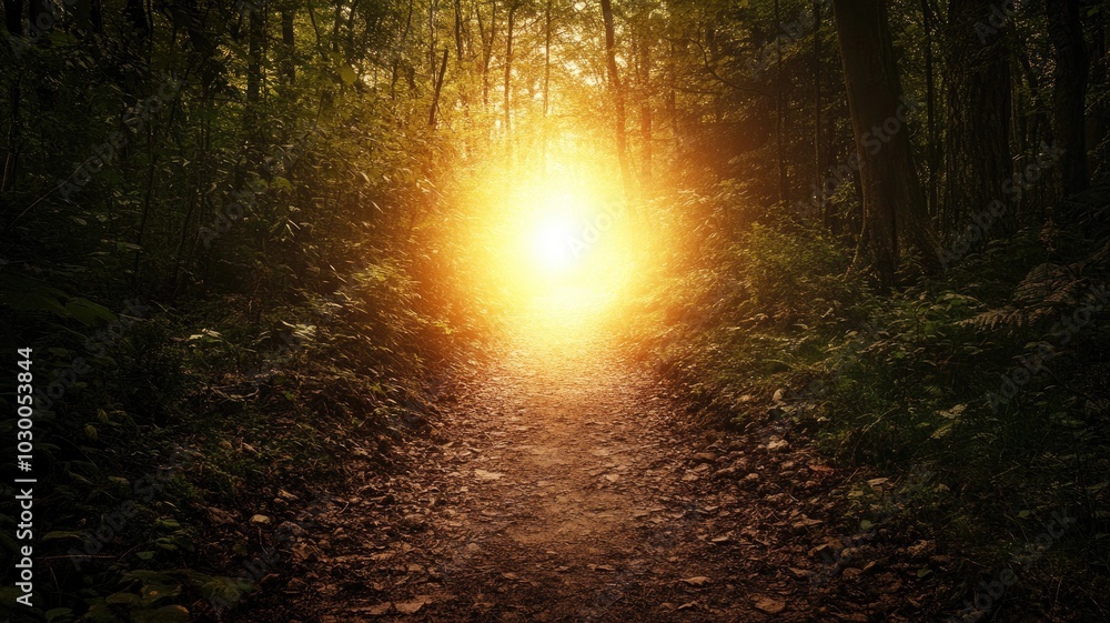 Poster sunlight filters through dense forest, illuminating serene path