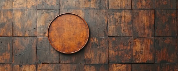 Weathered wooden wall with a circular signboard mockup in an urban setting, perfect for showcasing your brand.