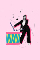 Vertical photo collage of happy girl drummer hold drumsticks music note sound performance weekend party isolated on painted background