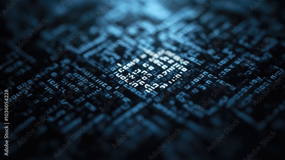 Poster close-up of digital binary code on electronic circuit board, glowing in blue hues
