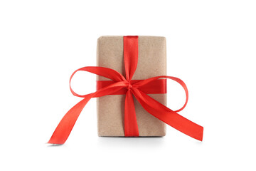 Christmas gift box with red ribbon on white background