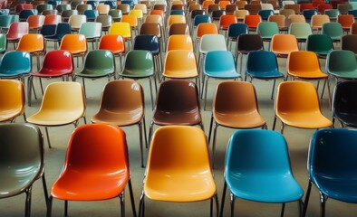 Naklejka premium Vibrant Rows of Colorful Chairs in Neat Orderly Arrangement with Blurred Indoor Background and Bright Cheerful Mood