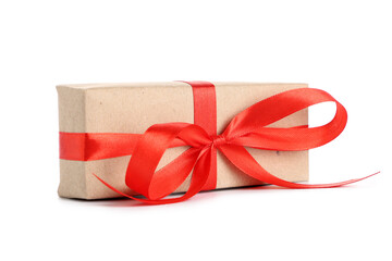 Christmas gift box with red ribbon on white background