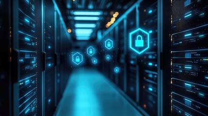 Obraz premium Secure Data Center with Digital Locks and Glowing Blue Network Connections in a Modern Server Room