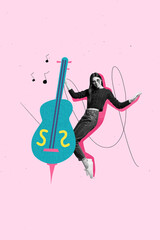 Vertical composite artwork collage image picture of mini girl huge violin music notes isolated on creative background