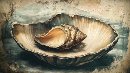 A classic picture of a clam shell with a sea creature inside. It's an old illustration, like something you'd find in a vintage book.