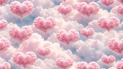 Fototapeta premium Charming Pink Heart-Shaped Clouds Seamless Wallpaper Design for Romantic Decor and Backgrounds, Ideal for Interior Design, Digital Art, and Craft Projects