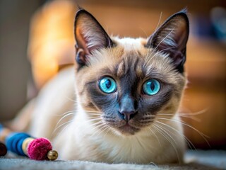Charming Siamese Cat with Blue Eyes Engaging in Playful Activities, Soft Meowing, and Expressive Portrait Photography