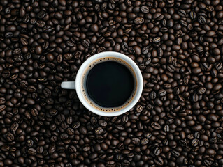 Fototapeta premium Minimalistic Coffee Cup Surrounded by Roasted Coffee Beans on Black Background 