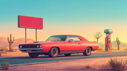 classic car parked on long desert highway, surrounded by cacti and vintage gas station. vibrant colors and retro style evoke sense of nostalgia and adventure. 