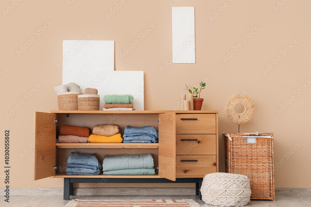 Canvas Prints Open wooden cabinet with stacks of clean clothes near beige wall