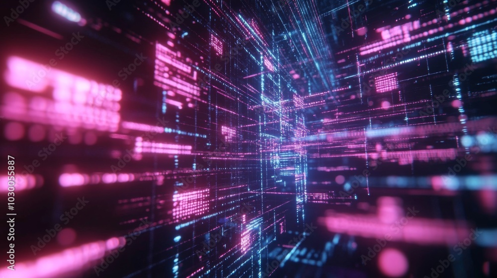 Poster futuristic technological background with interconnected grid-like pink and blue lines and dots, drea