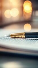 Fototapeta premium A close-up of a pen resting on a notepad with soft bokeh lights in the background, symbolizing creativity and organization.