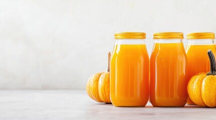 Bright orange pumpkin juice in jars beside pumpkins on a white background, perfect for autumn and seasonal recipes.