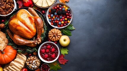 and imaginative Thanksgiving feast centerpiece display featuring roasted turkey pies and fall dishes set on a table with a futuristic sci fi inspired tetradic color scheme