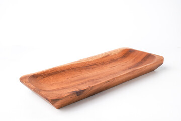 Close-up photo of Wooden sushi plate or tray isolated on white background. Shot on 30 degree angle setup.