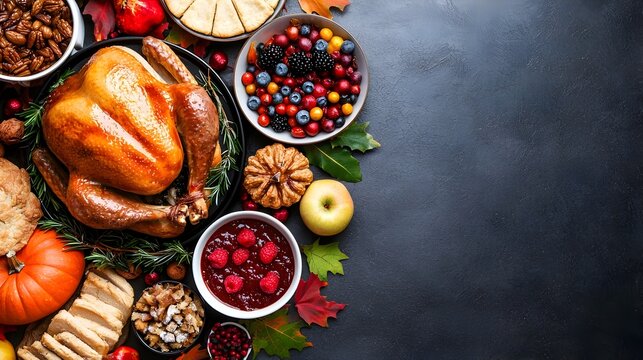 and imaginative Thanksgiving feast centerpiece display featuring roasted turkey pies and fall dishes set on a table with a futuristic sci fi inspired tetradic color scheme