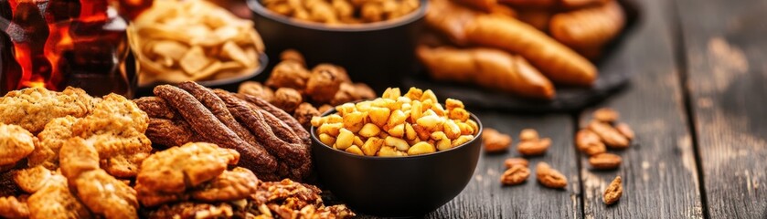 Obraz premium A delightful assortment of snacks including nuts, cookies, and pastries on a rustic wooden table.