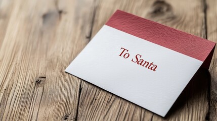 A festive letter addressed to Santa, resting on a wooden surface, symbolizing holiday spirit and children's wishes.