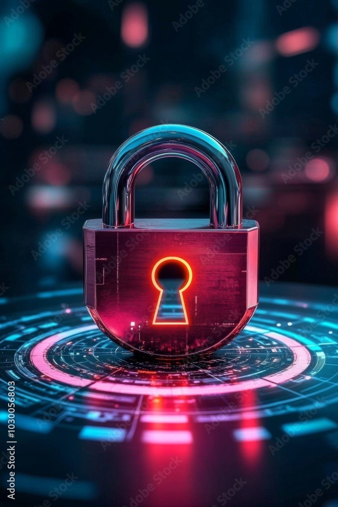 Poster futuristic red padlock with glowing keyhole on gradient background with cityscape lights - technolog