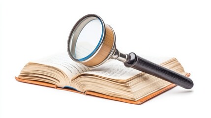 A magnifying glass resting on an open book, emphasizing a search for information and knowledge.