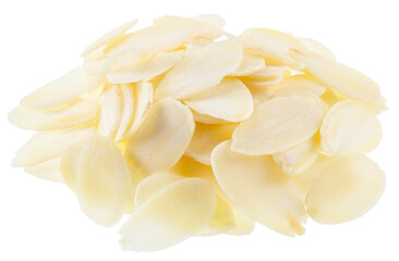 Almond flakes, slices of blanched almonds nuts isolated on white background. File contains clipping paths.