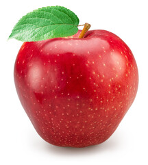 Ripe perfect red apple with green leaf on white background. File contains clipping path.